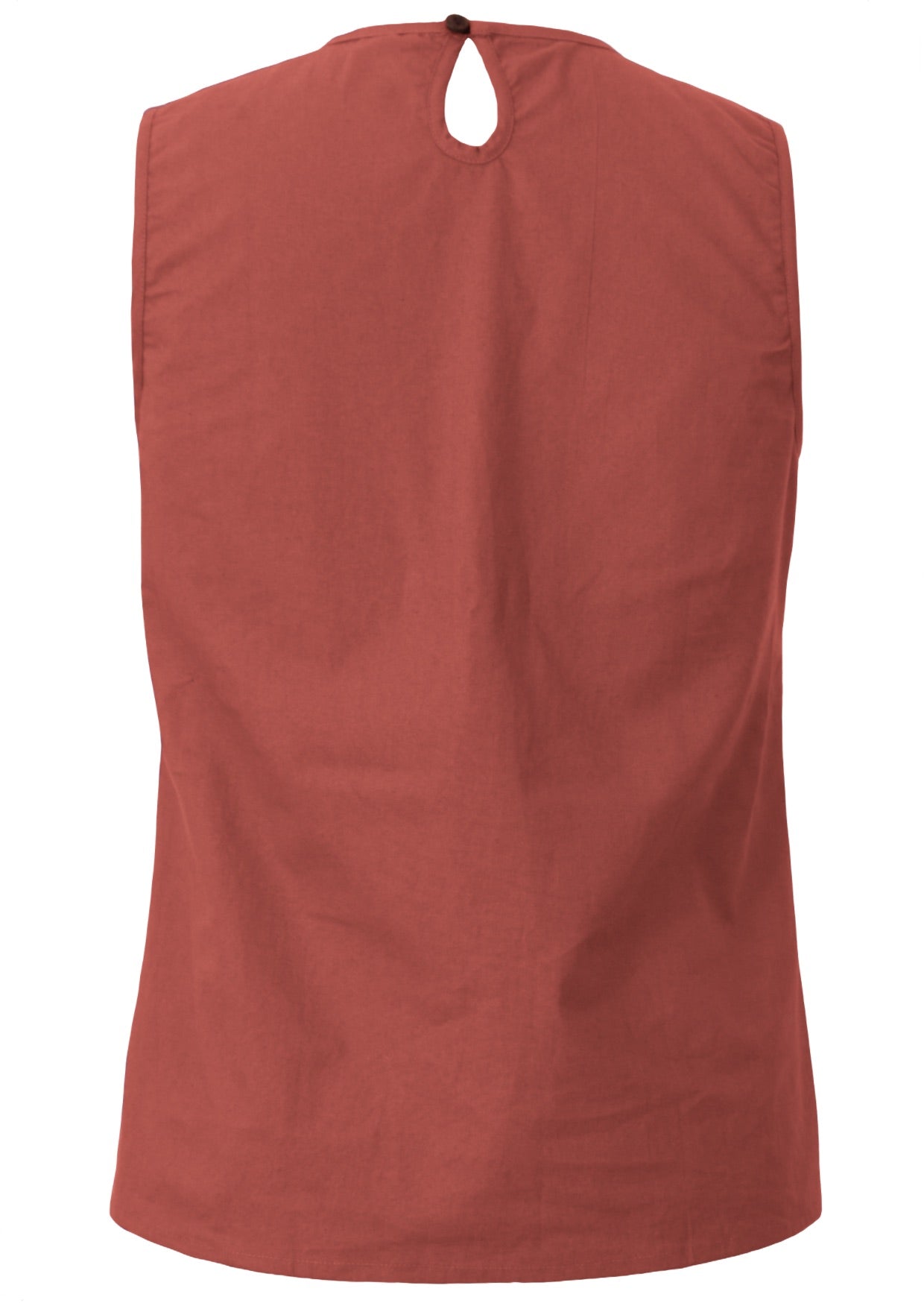 Back view of cotton sleeveless top in rust colour with relaxed fit and button at back of the neck 