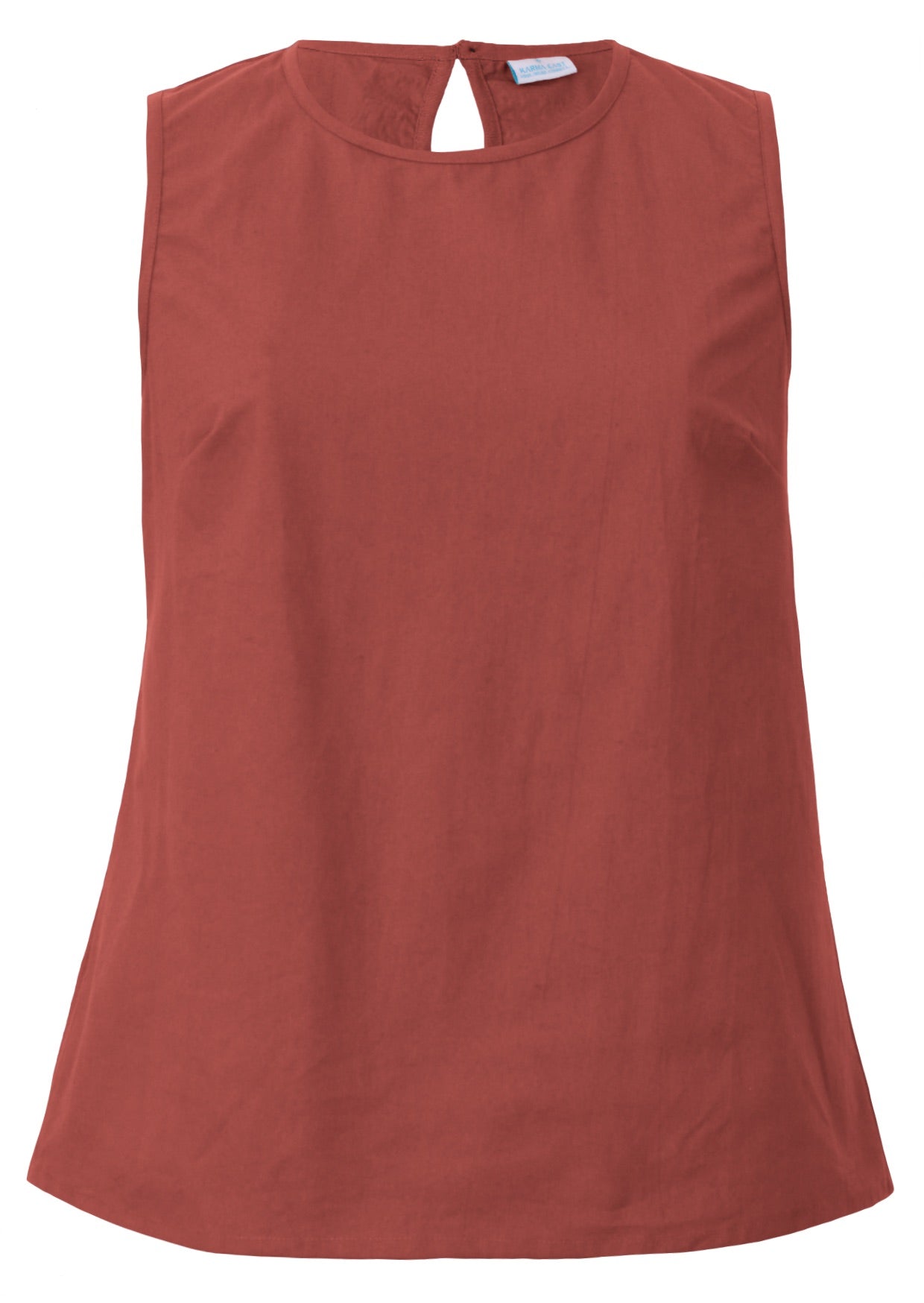 Relaxed fit long, sleeveless cotton top in rust tone with piping details at high round neckline and armholes 