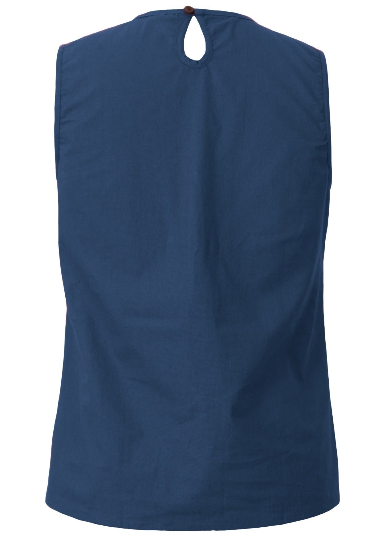 Dark blue sleeveless cotton top with piped detailing and button at the back of neck 