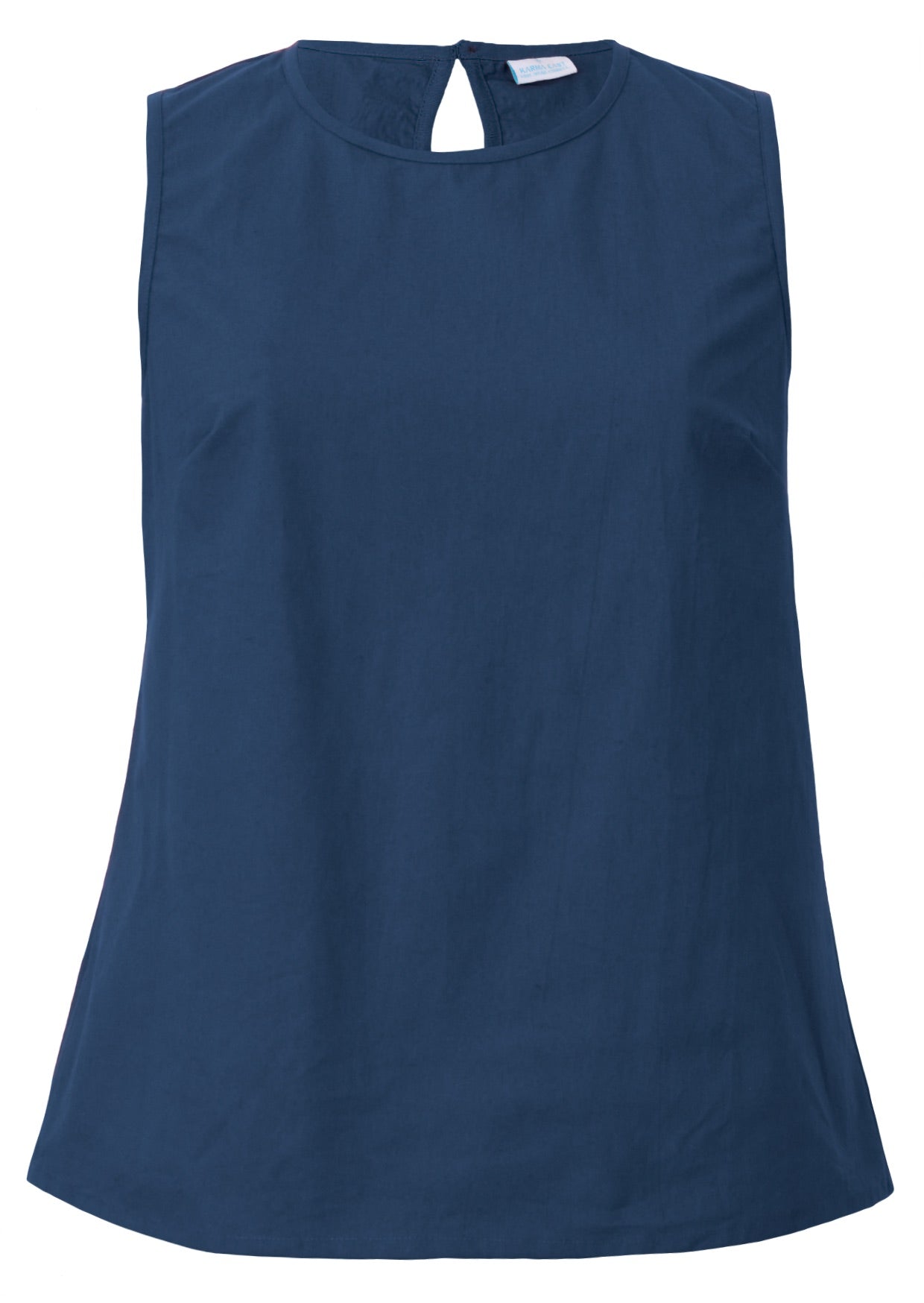 Sleeveless, relaxed fit cotton top in dark sea blue with high round neckline and piping details around the neck and armholes