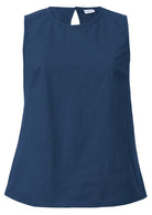 Sleeveless, relaxed fit cotton top in dark sea blue with high round neckline and piping details around the neck and armholes