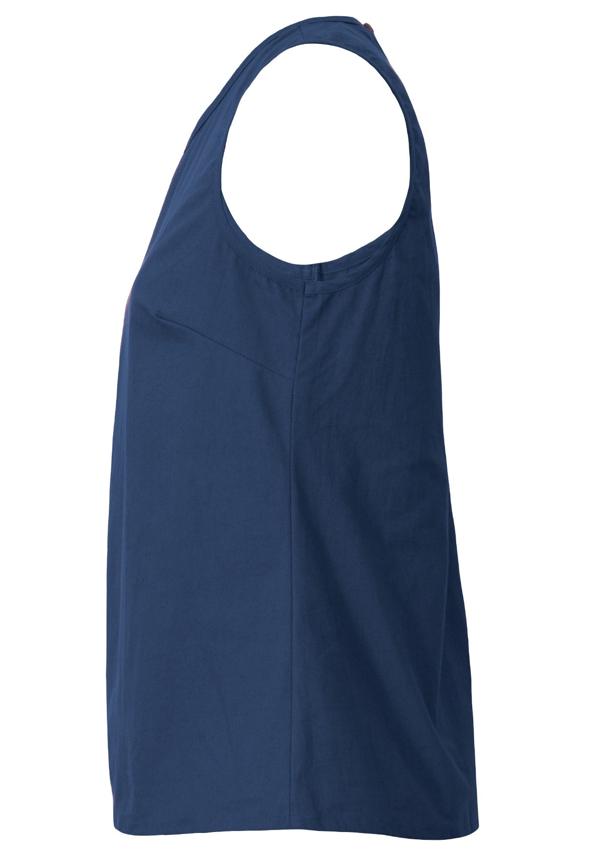 Side view of 100% cotton sleeveless relaxed fit top with high round neckline and side bust darts