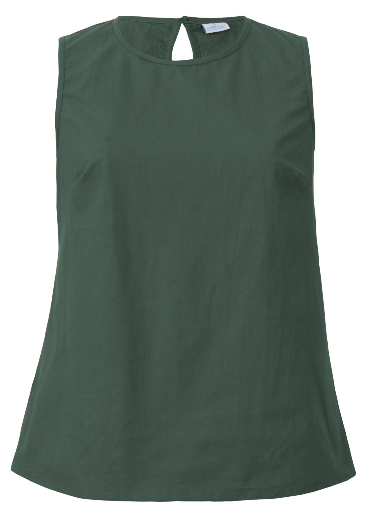100% cotton jungle green relaxed fit sleeveless top with piped details at high round neckline and armholes 