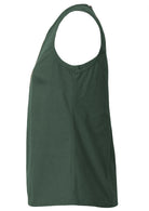 Side view of green sleeveless cotton top with round neckline and side bust darts 