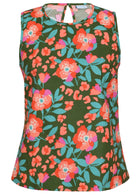 Round neckline cotton top with Japanese-style print in olive green based floral print.