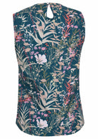Back view of sleeveless cotton top with teal based floral print, with a button at the nape of neck