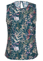 Sleeveless cotton top with wildflower florals in greens, beige, white, pink, lemon yellow and coral on a teal base.