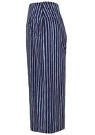 Side view of navy blue print wide leg cotton pants with 3/4 length, pockets and side zipper
