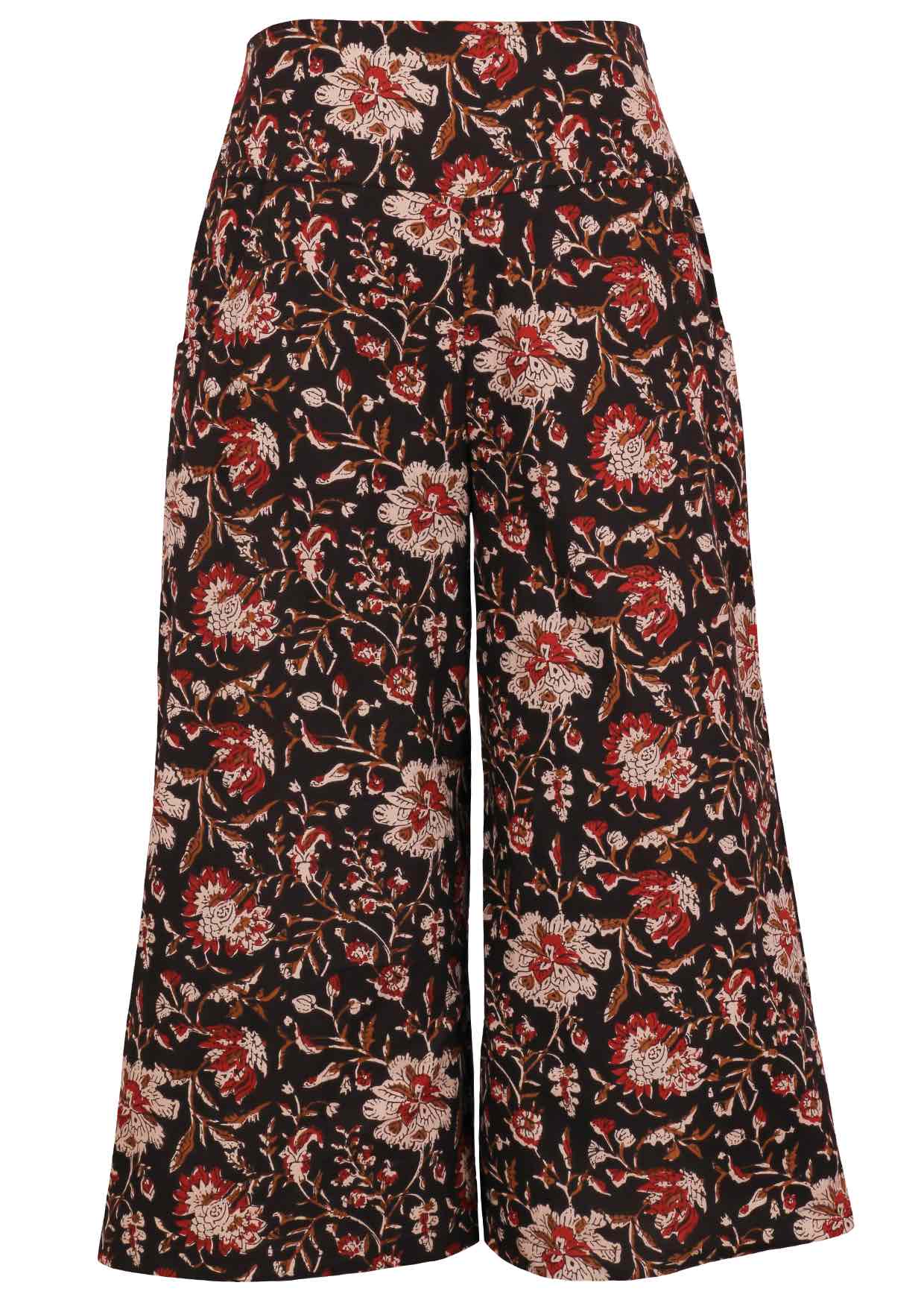 100% cotton wide leg 3/4 length pants wih wide flat waistband, side zipper and pockets