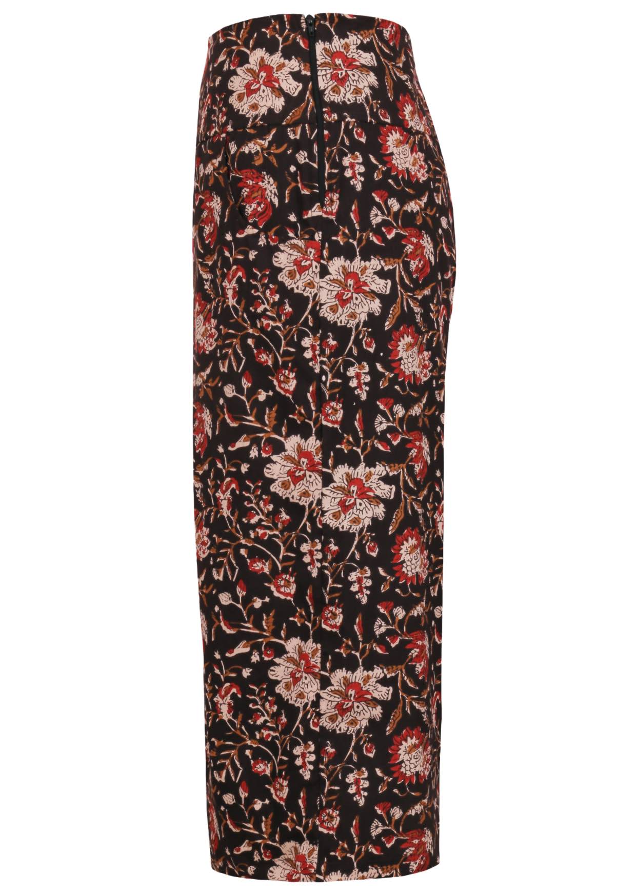 Side view of black based floral print wide leg cotton pants with 3/4 length, pockets and side zipper