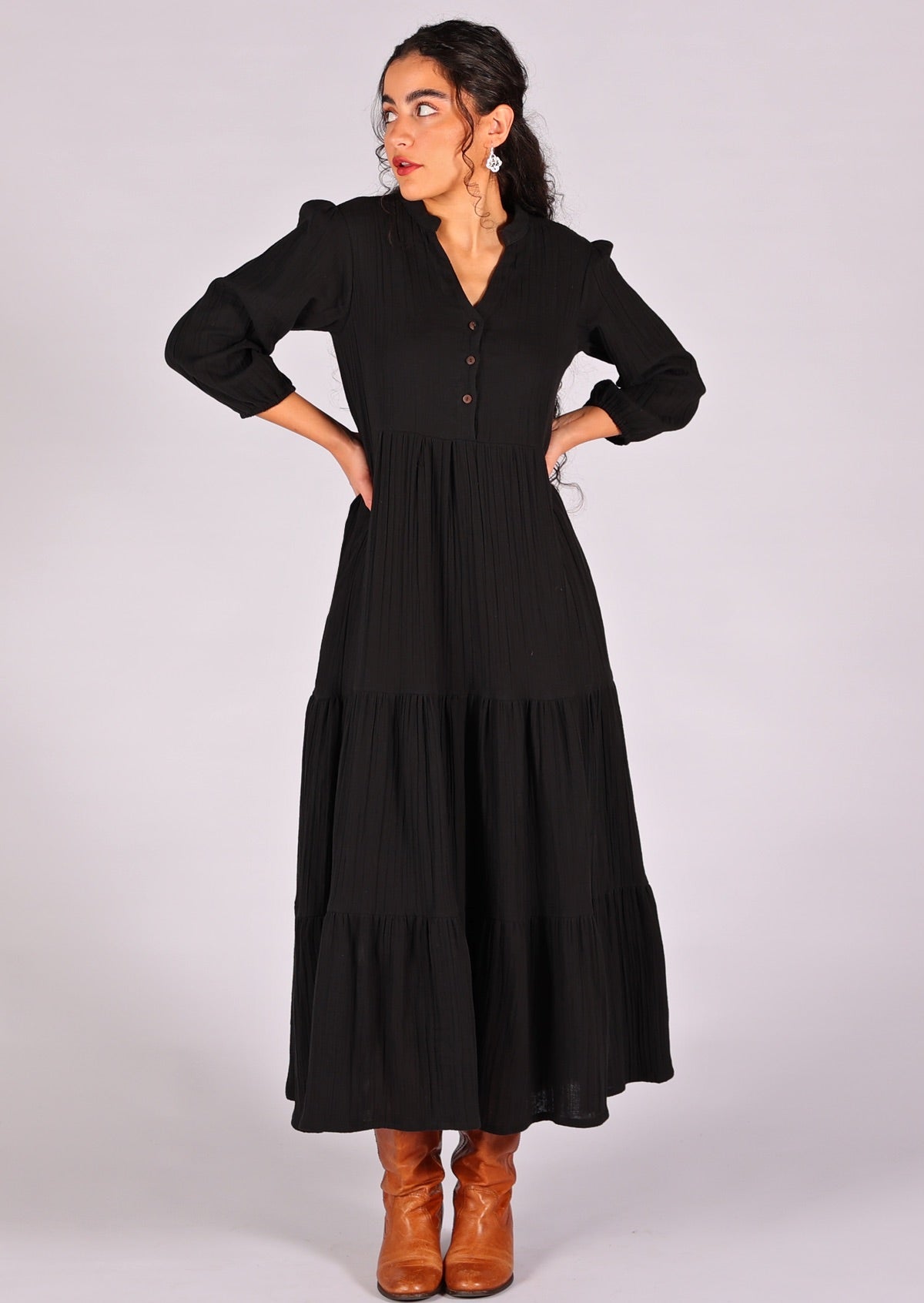 Make a statement in this double cotton tiered maxi dress in wardrobe staple black 