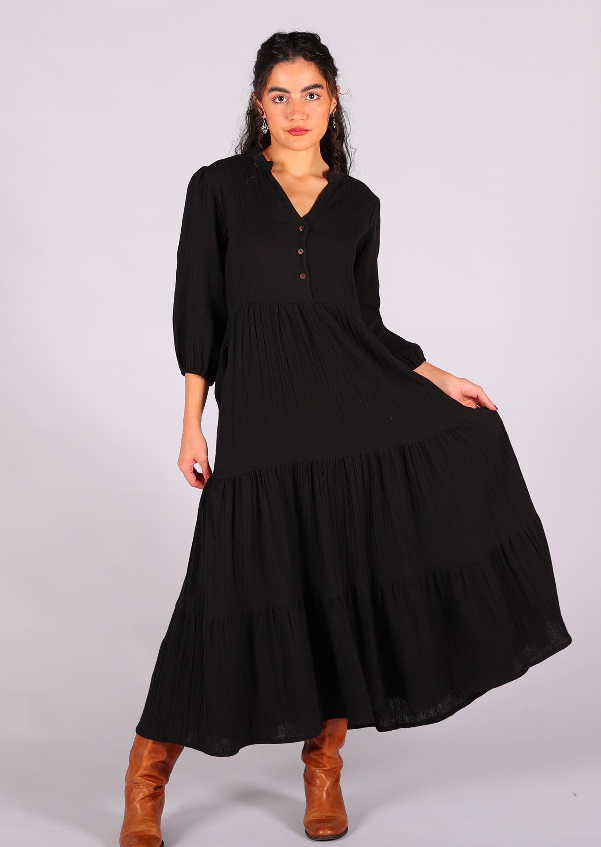 Double cotton maxi dress with tiers gives this dress volume