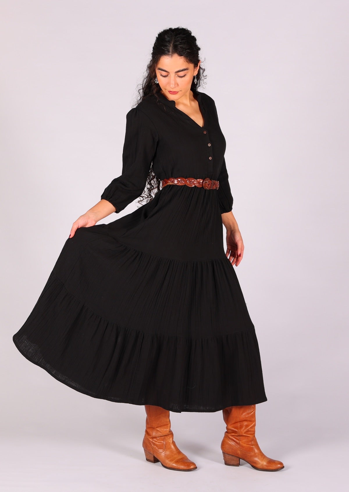 This beautiful boho double cotton tiered maxi dress looks great belted