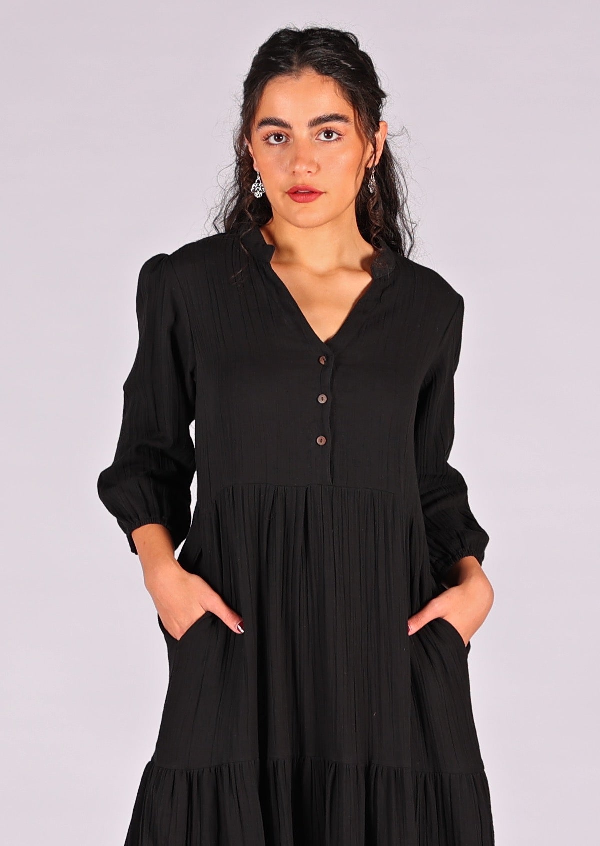 Beautiful black double cotton tiered maxi dress with buttoned bodice that has V-neckline and mandarin collar