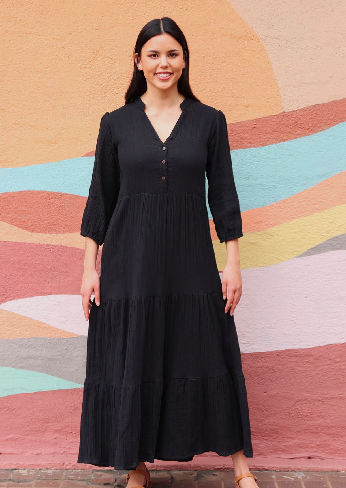 Long sleeve black cotton dress best sale