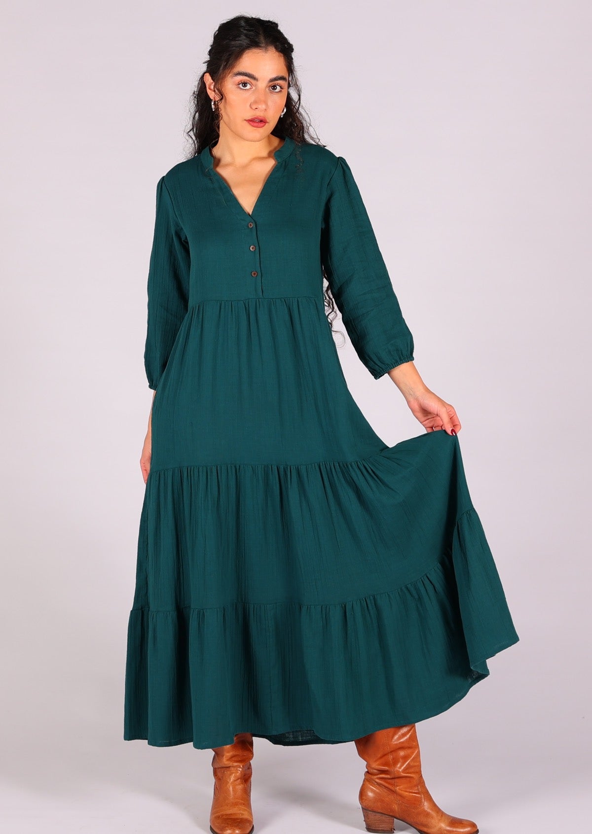 Double cotton maxi dress with tiers gives this dress volume