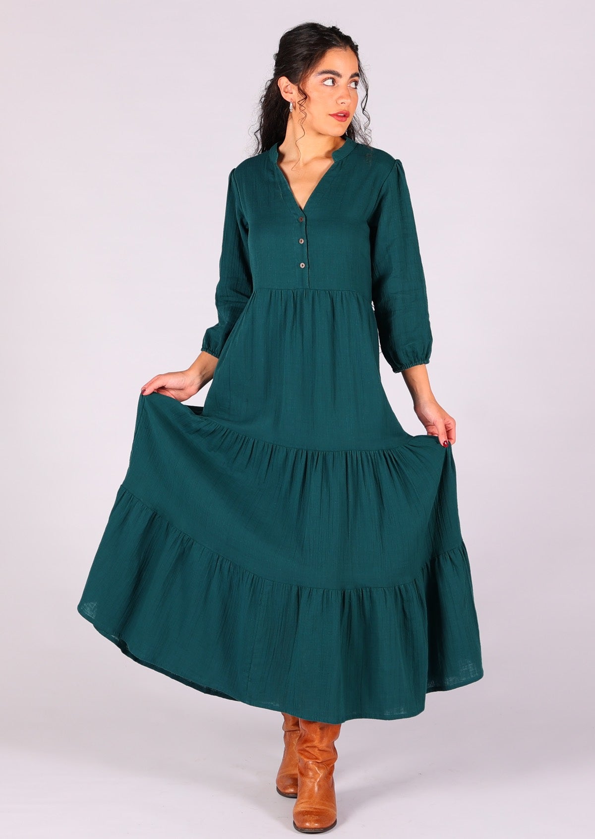 Make a statement in this double cotton tiered maxi dress in gorgeous deep teal