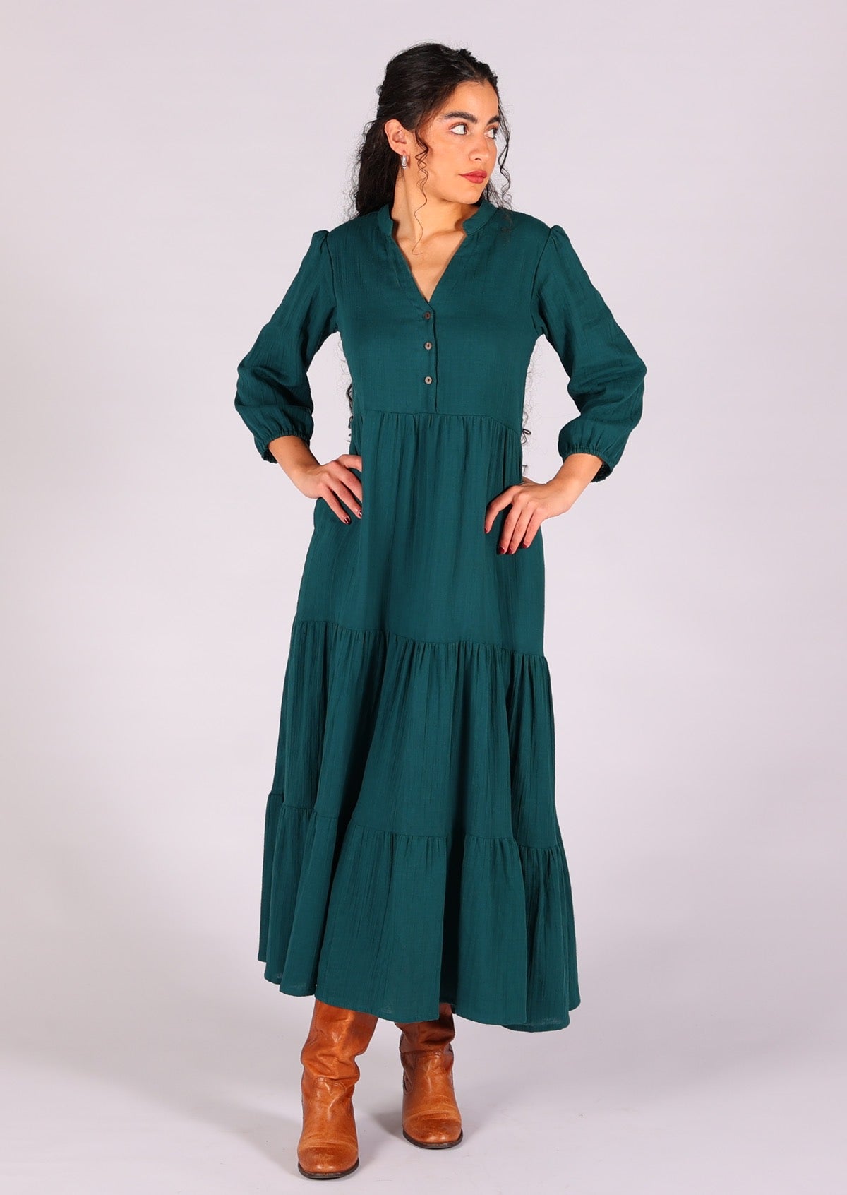 Beautiful deep teal double cotton tiered maxi dress with buttoned bodice that has V-neckline and mandarin collar