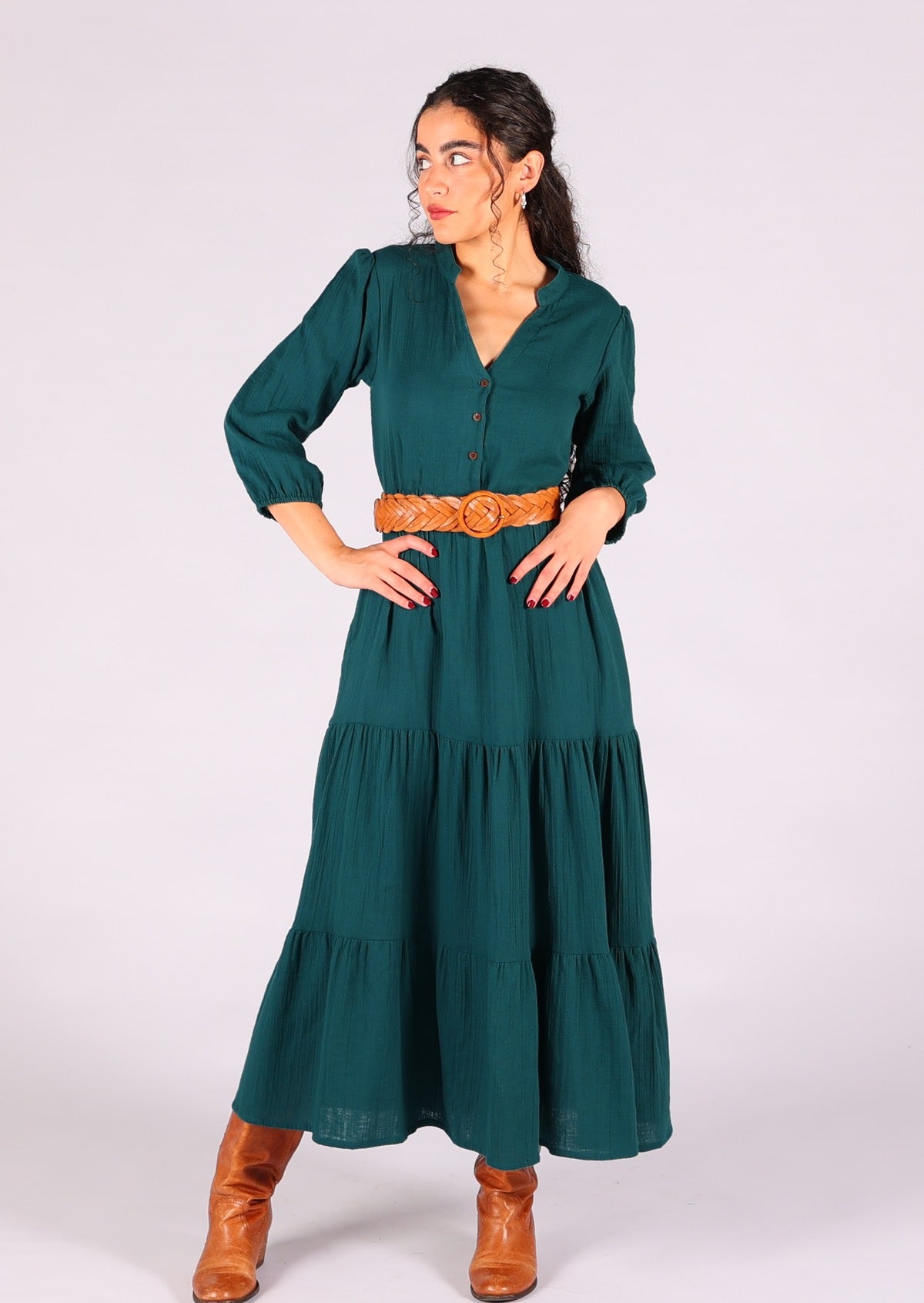 Stunning double cotton tiered dress with buttoned bodice with V-neckline and mandarin collar