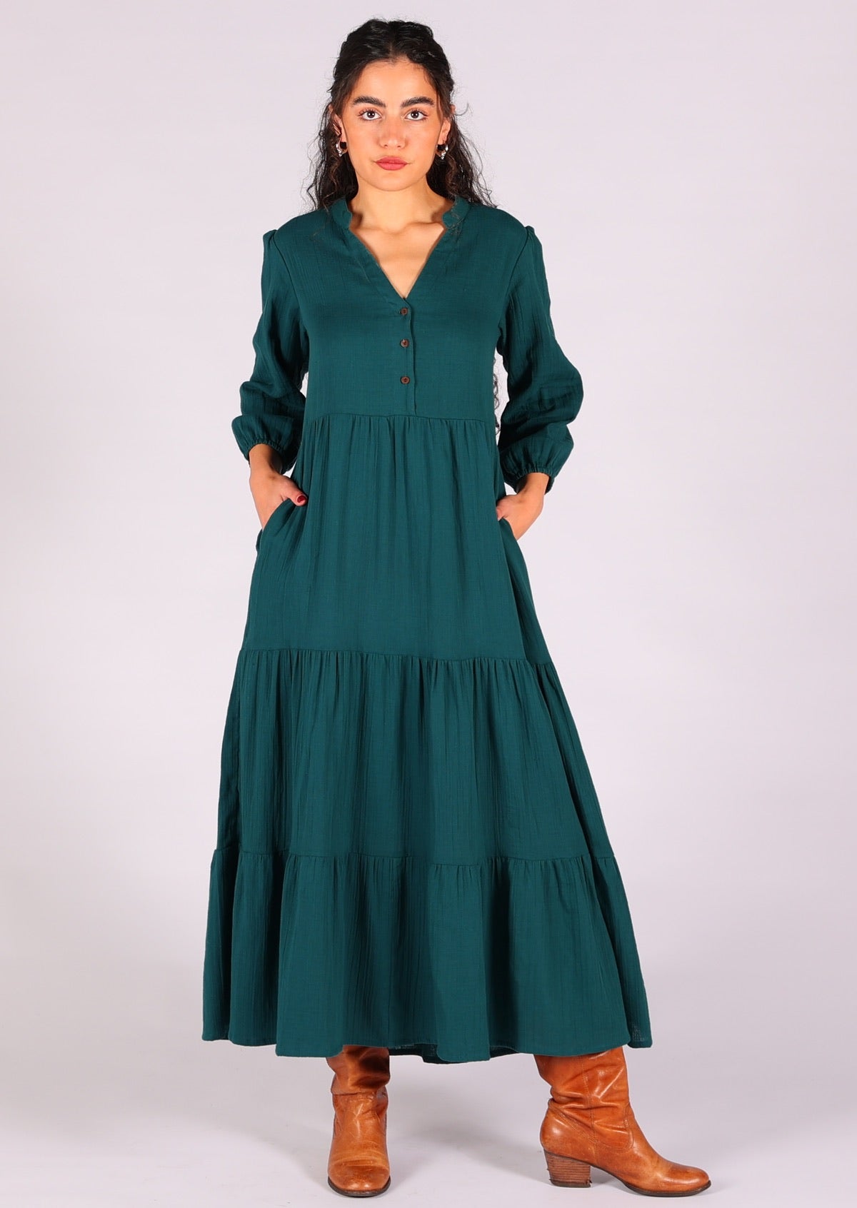Double cotton maxi dress in deep teal with 3/4 sleeves and hidden side pockets
