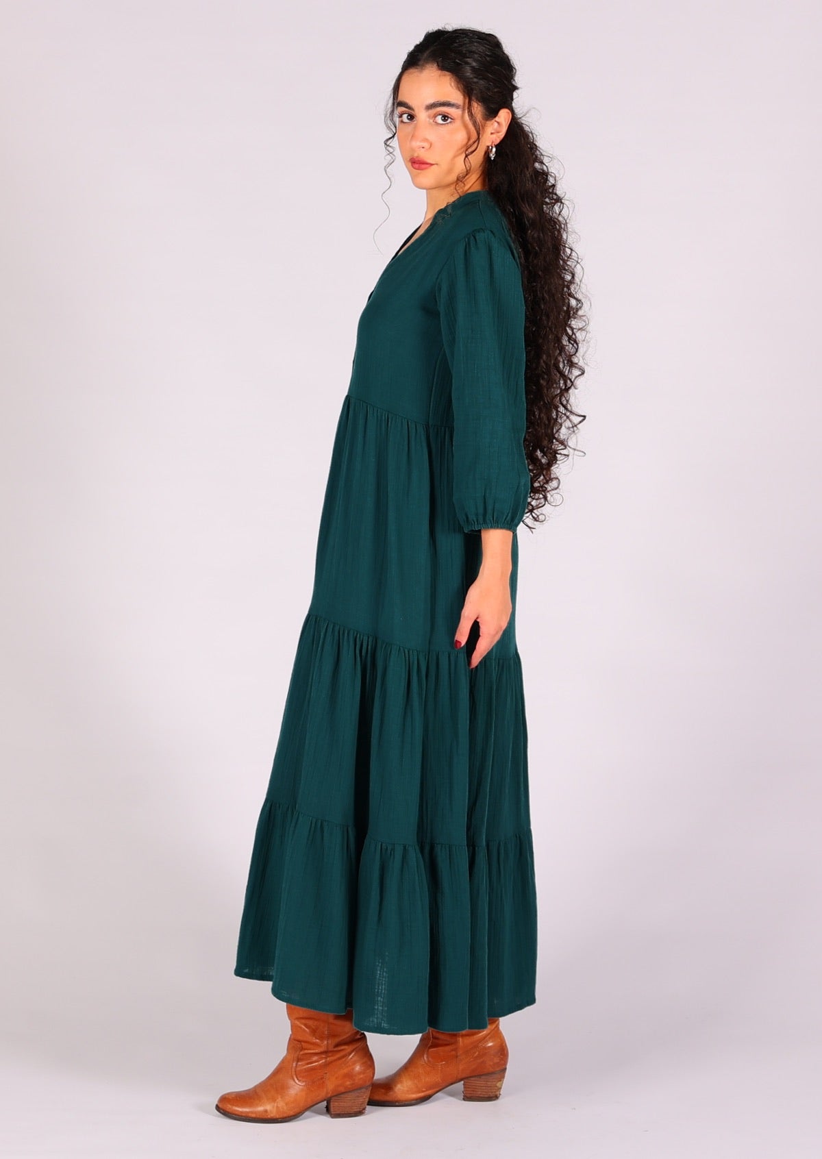 Double cotton deep teal maxi dress with tiers and 3/4 sleeves