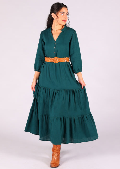 Deep Teal Double Cotton Tiered Maxi Dress Karma East Australia