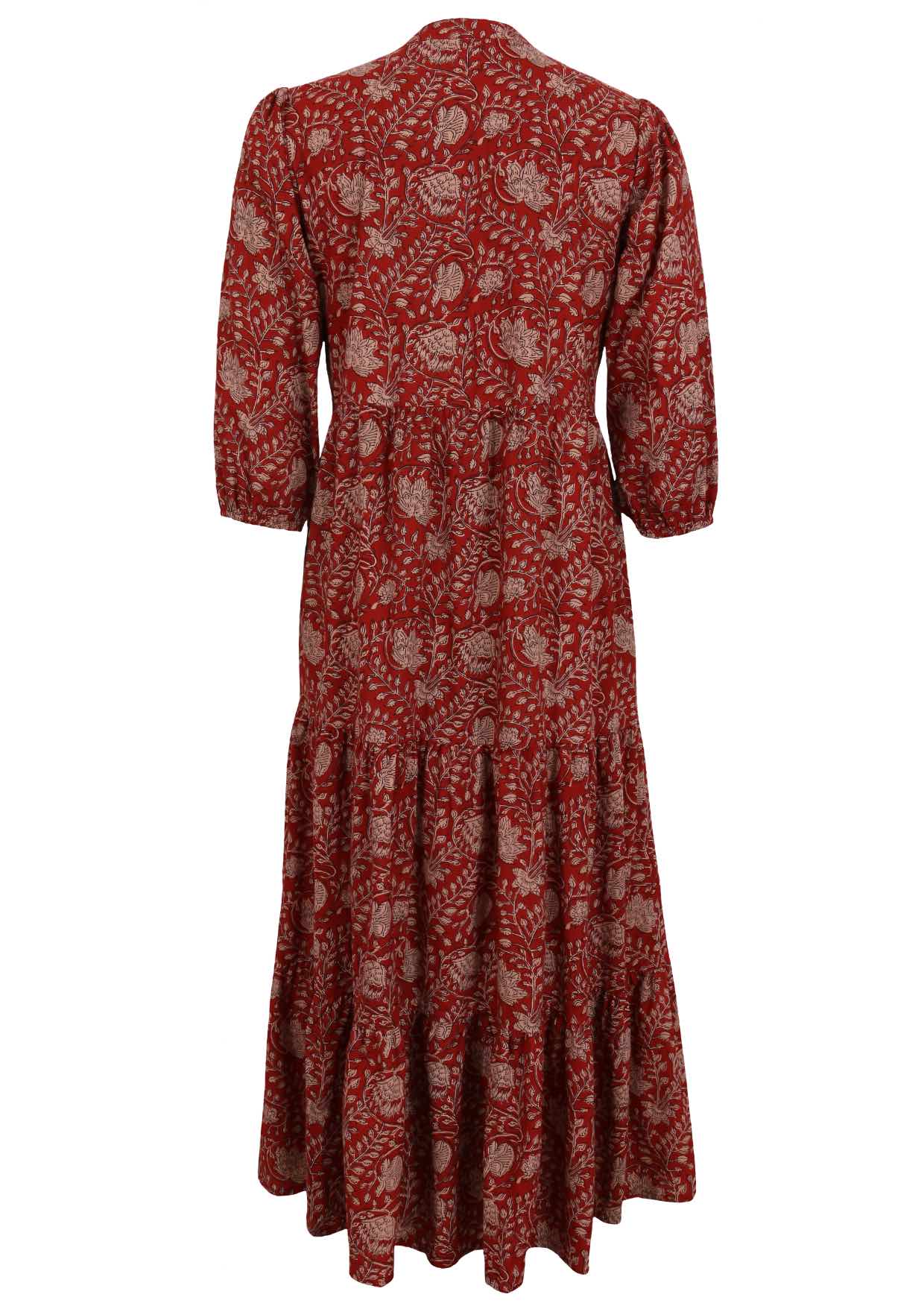 Back view of red based floral printed cotton maxi dress with mandarin collar and 3/4 sleeves