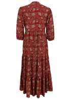 Back view of red based floral printed cotton maxi dress with mandarin collar and 3/4 sleeves