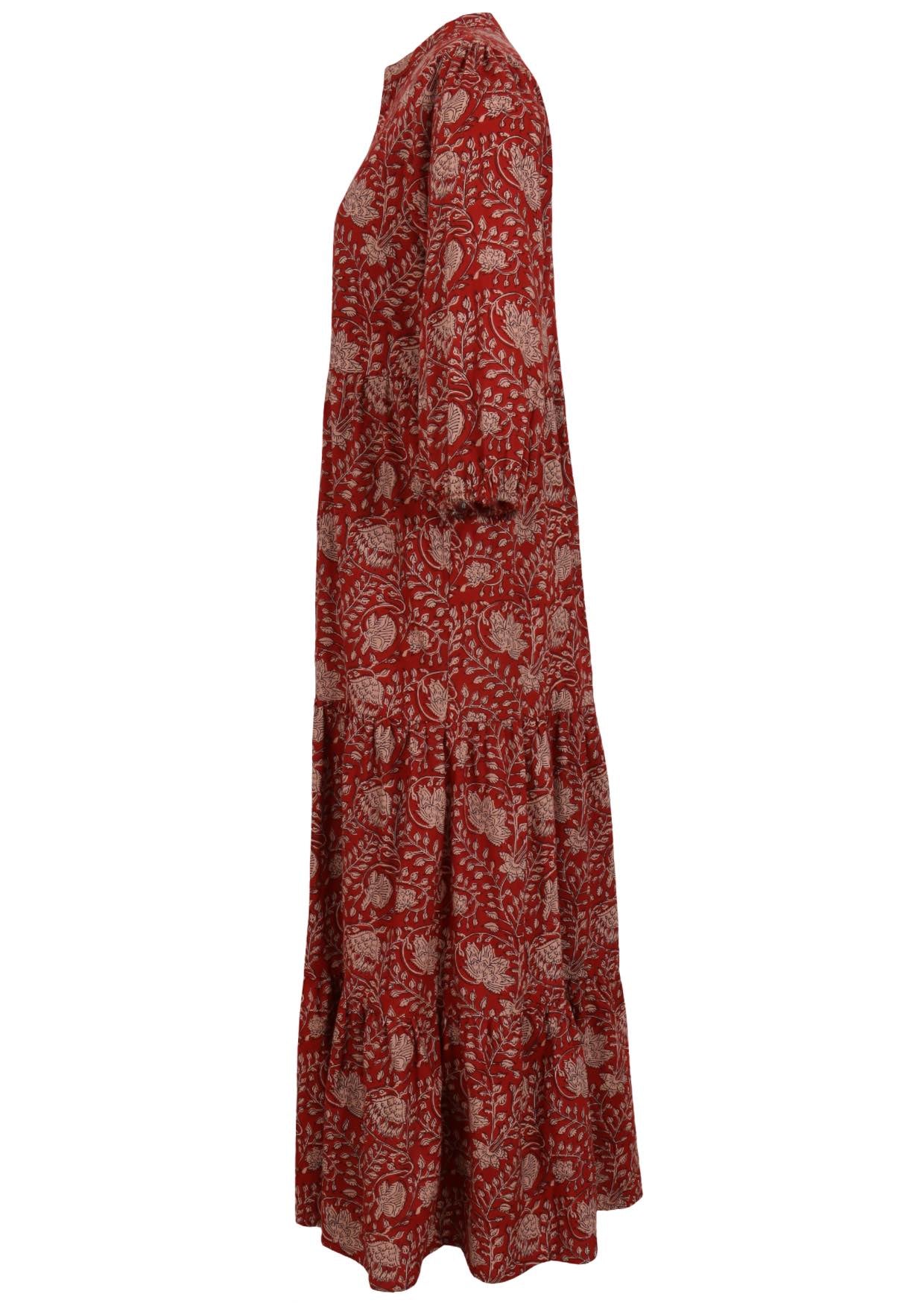 Red floral patterned maxi dress with three tiered flowy skirt, pockets and 3/4 sleeves