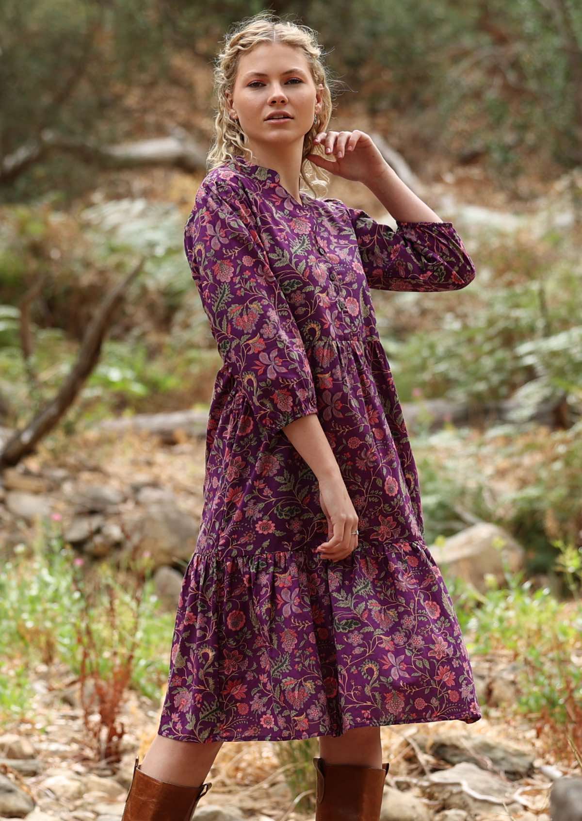 3/4 sleeved cotton dress in sweet purple floral print
