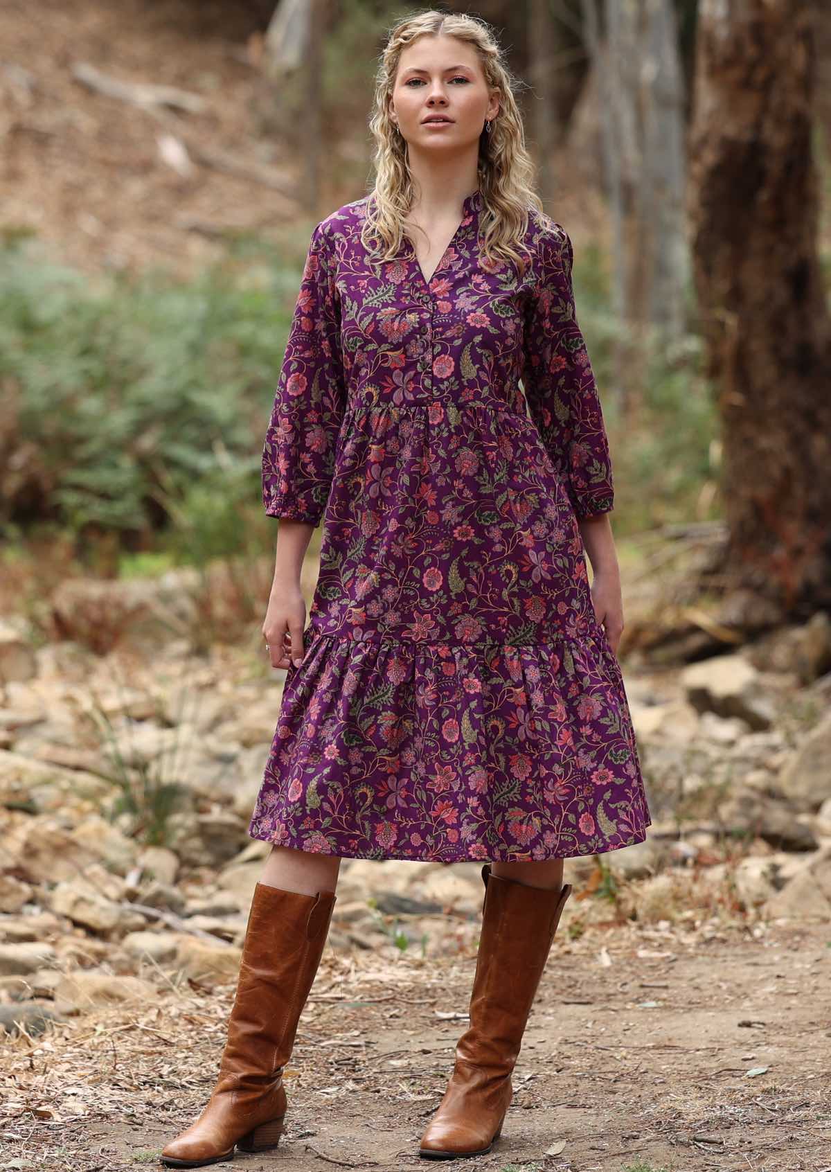 Tiered midi boho cotton dress with buttoned bodice and mandarin collar