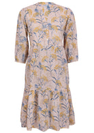 100% cotton relaxed fit, two tiered midi dress in neutral based floral print.