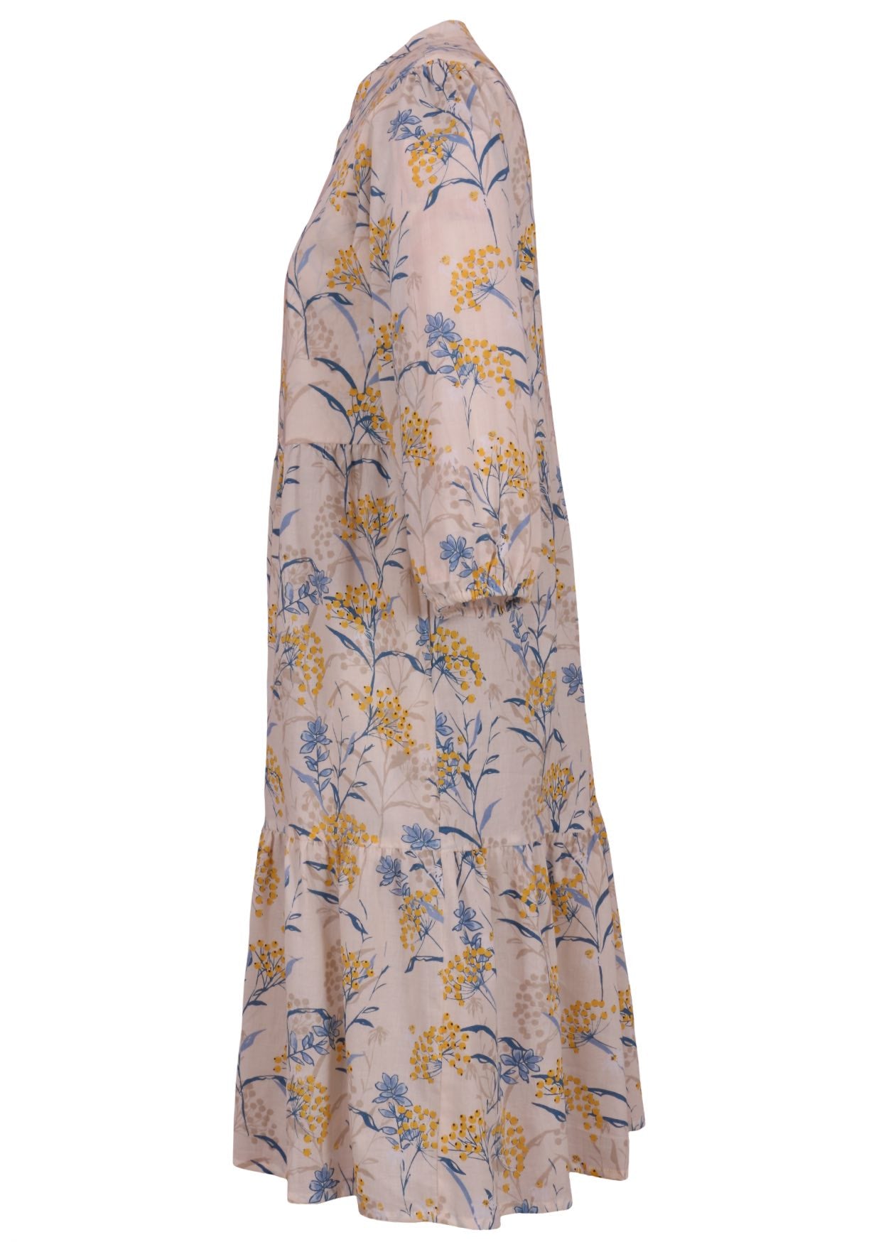 Lightweight cotton neutral based floral relaxed fit dress with 3/4 sleeves and hidden side pockets.