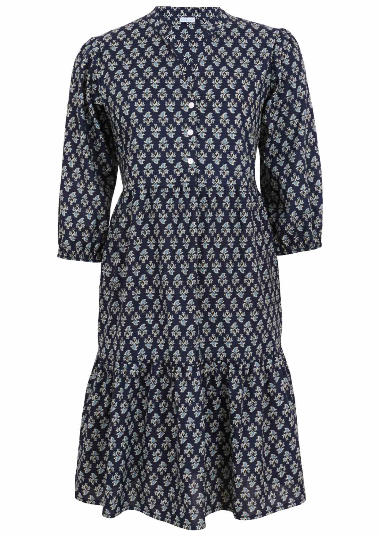 100% cotton relaxed fit, two tiered midi dress in navy blue based floral print