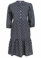 100% cotton relaxed fit, two tiered midi dress in navy blue based floral print