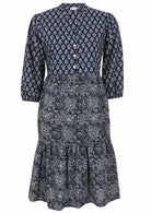 100% cotton relaxed fit, two tiered midi dress in navy blue based floral print.