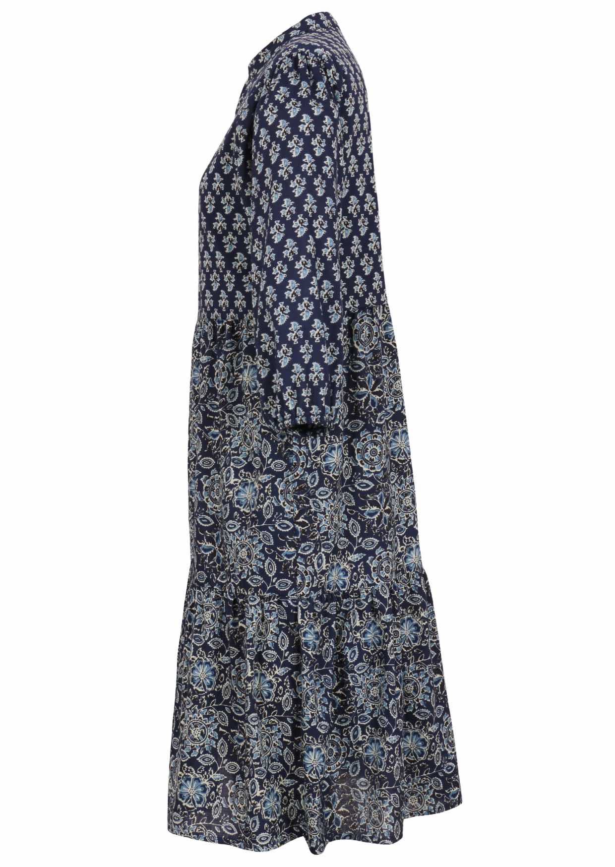 Lightweight cotton navy blue based floral relaxed fit dress with 3/4 sleeves and hidden side pockets