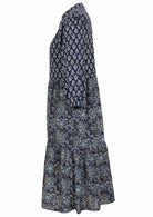 Lightweight cotton navy blue based floral relaxed fit dress with 3/4 sleeves and hidden side pockets