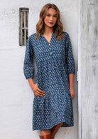 Lightweight cotton midi length dress with 3/4 sleeves and hidden side pockets