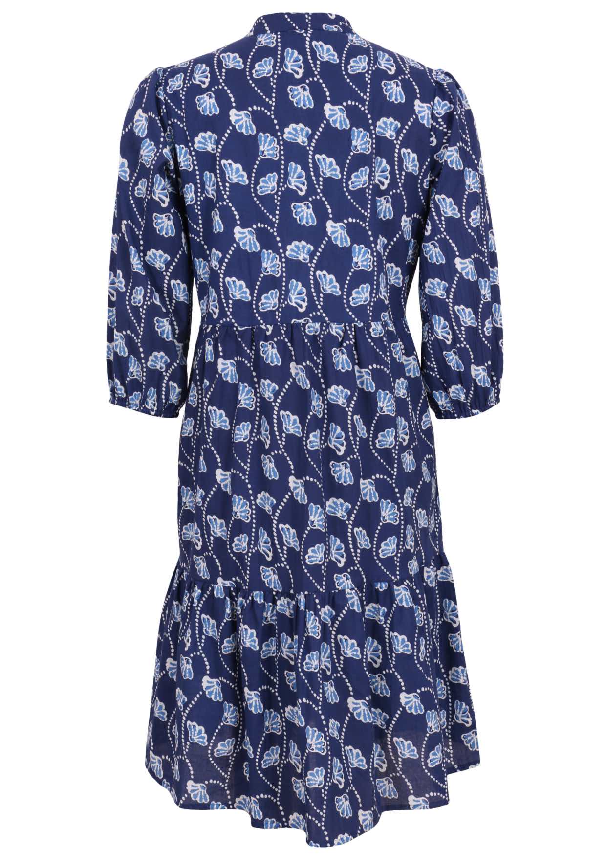 Loose fit cotton midi dress with mandarin collar, 3/4 sleeves and pockets.