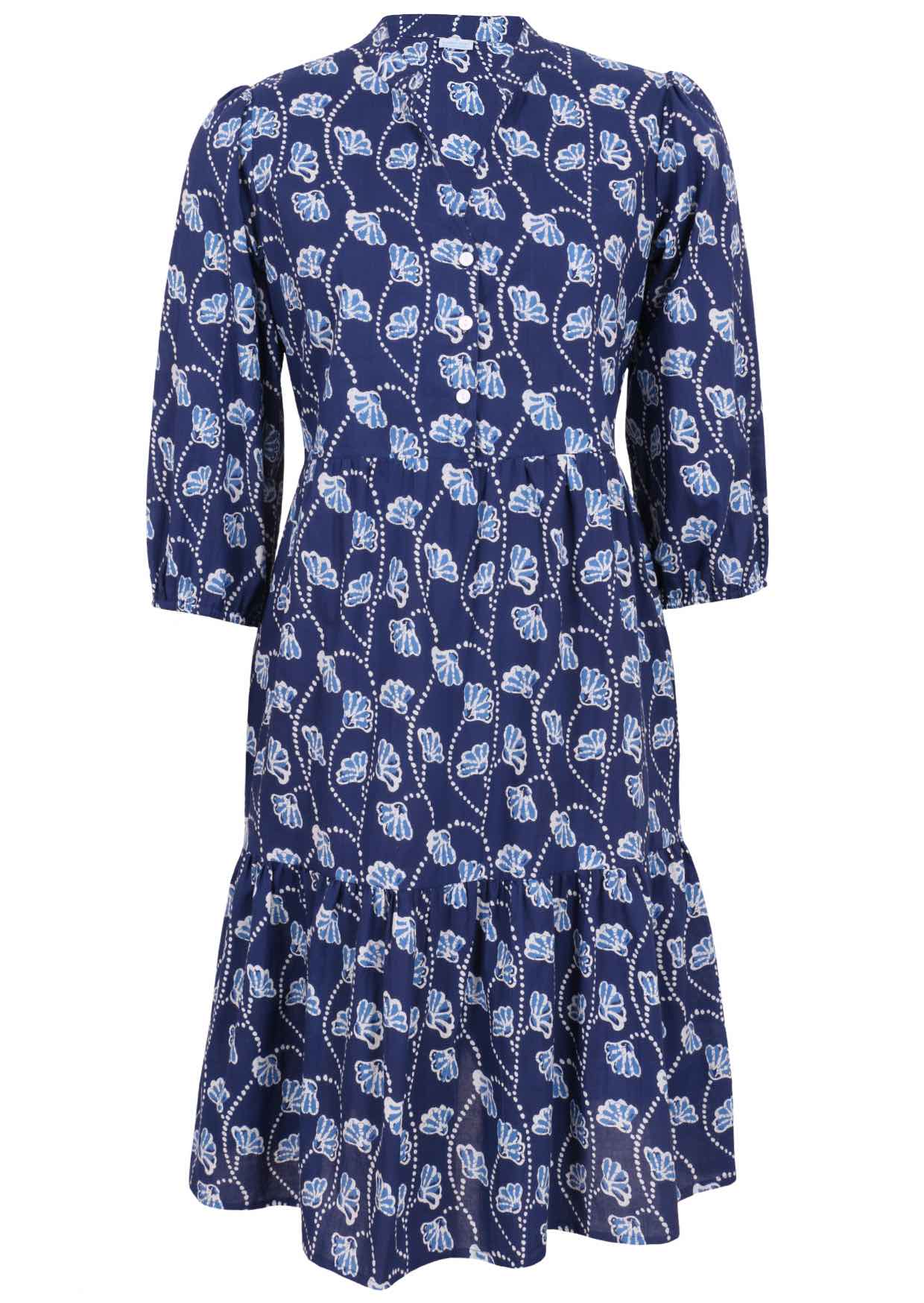 100% cotton relaxed fit, two tiered midi dress in navy blue based floral print.