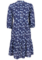 100% cotton relaxed fit, two tiered midi dress in navy blue based floral print.