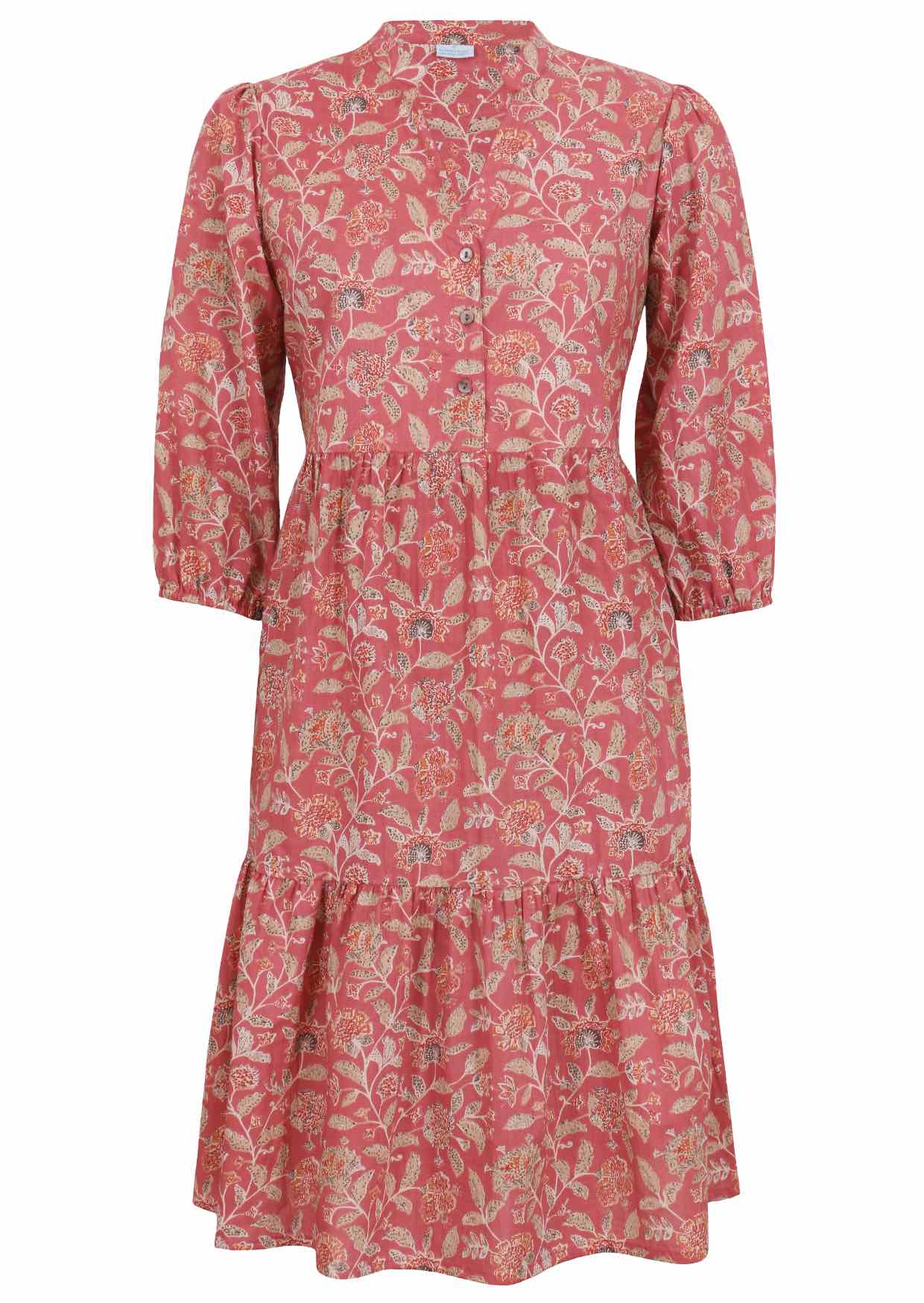 100% cotton relaxed fit, two tiered midi dress in warm rose pink based floral print.