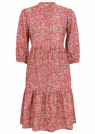 100% cotton relaxed fit, two tiered midi dress in warm rose pink based floral print.