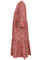 Lightweight cotton warm rose pink based floral relaxed fit dress with 3/4 sleeves and hidden side pockets.