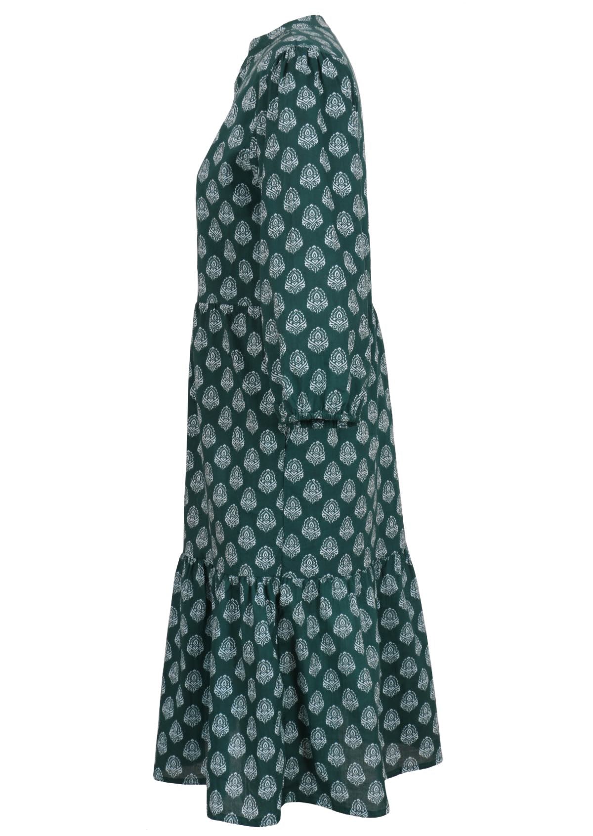Dark green cotton tiered midi dress with 3/4 sleeves