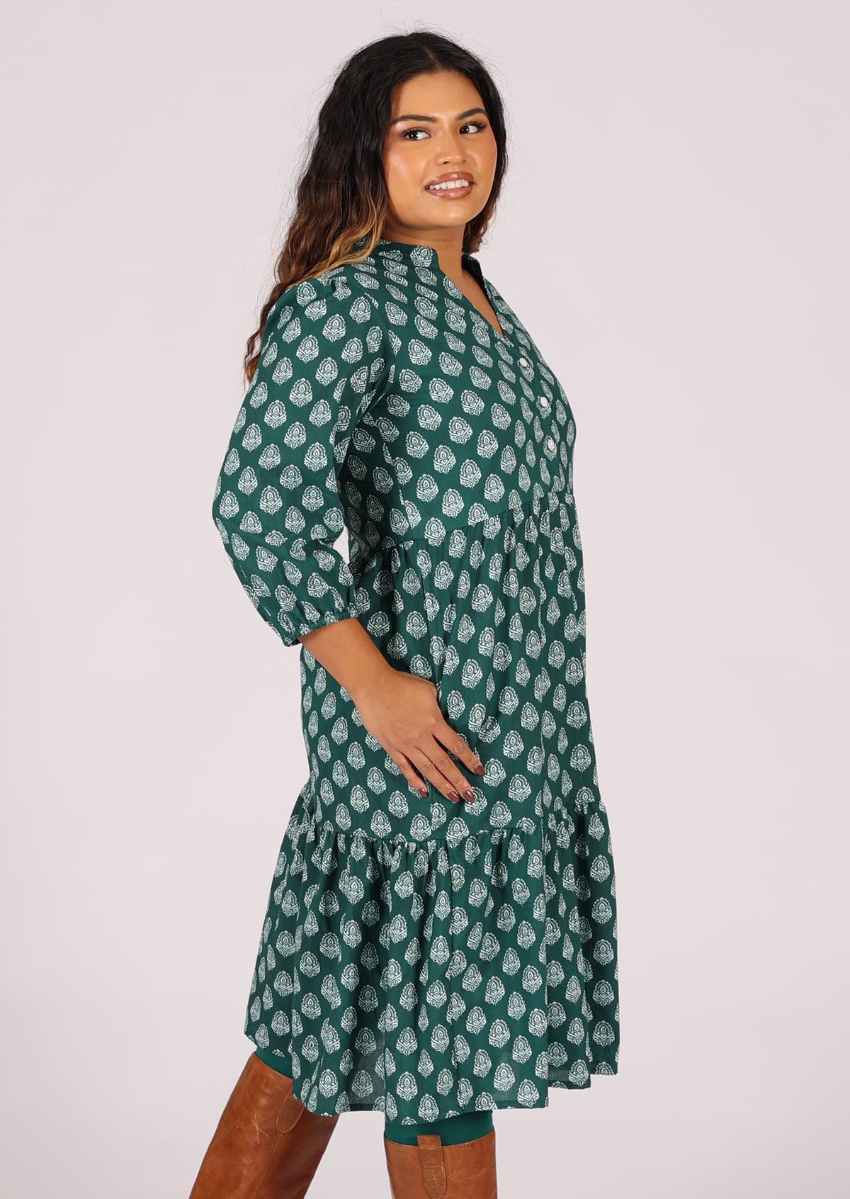 Cotton boho dress with tiered skirt and 3/4 sleeves