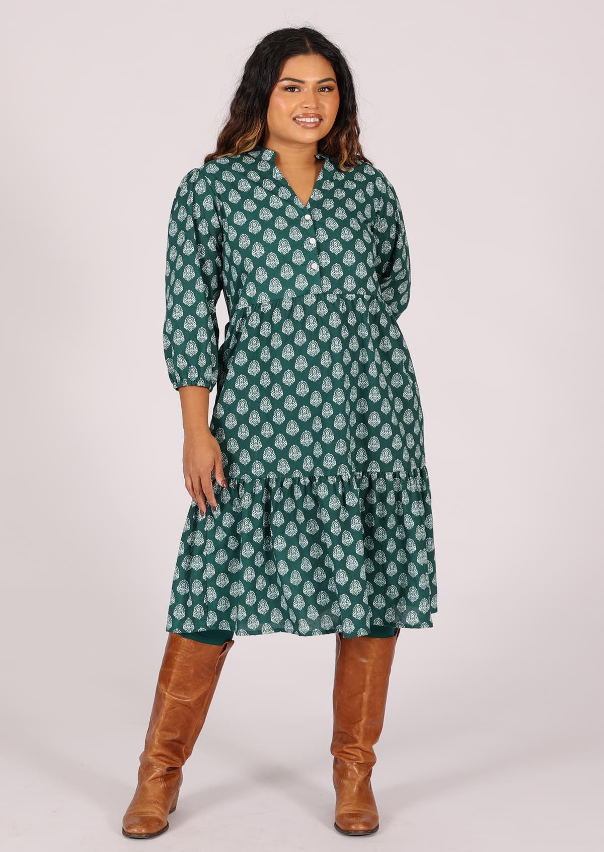 100% cotton dark green tiered midi dress with 3/4 sleeves