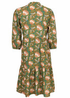 Cotton boho midi dress in Keisha print, of green, orange and yellow florals on a lighter green base