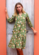 Gorgeous cotton tiered midi dress with buttoned bodice creating a V-neck with a mandarin collar